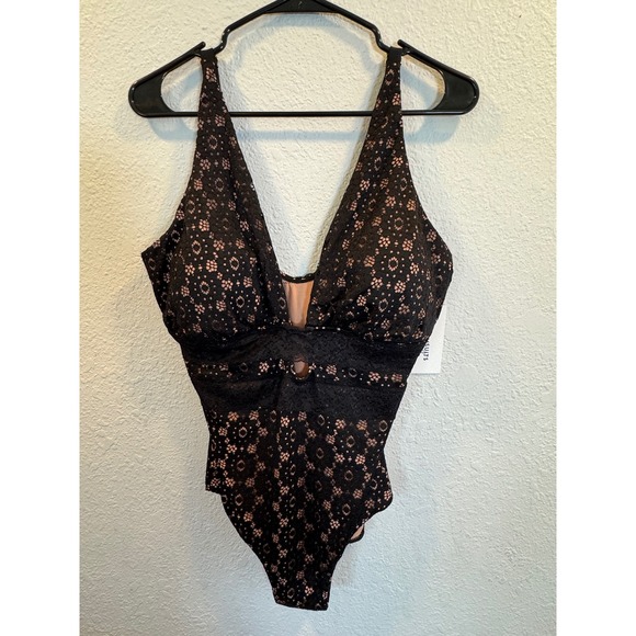 Swimsuits For All Other - Swimsuits For All Women Black Lace Nude Lining V-Neck One Piece Swimsuit NWT